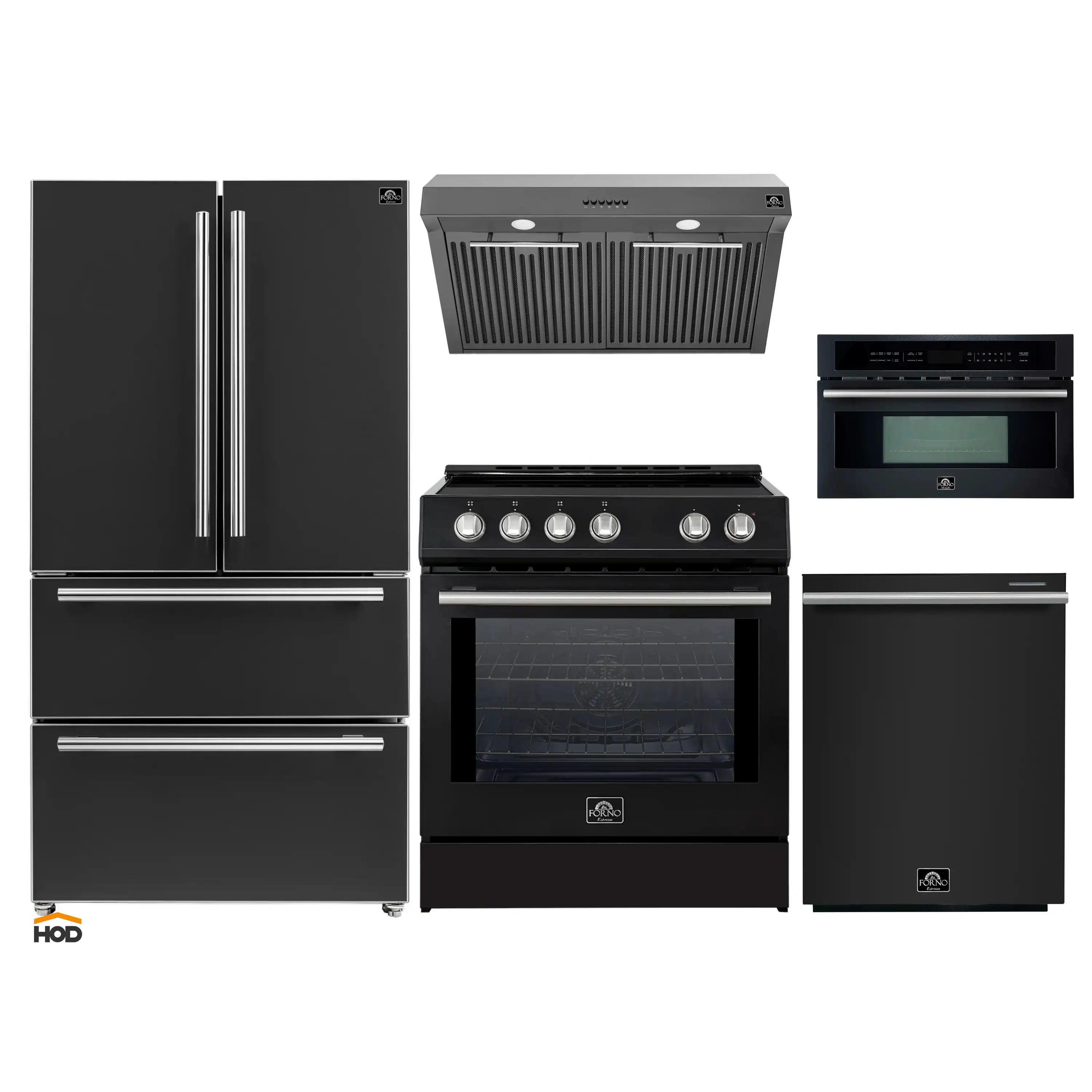 5-piece black appliance package with stainless trim: refrigerator, range, dishwasher, hood