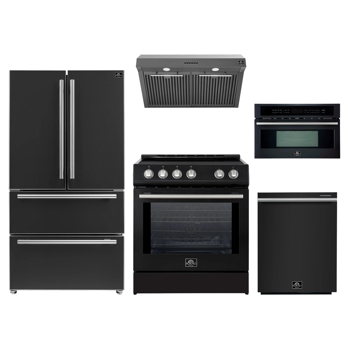 Forno 5-Piece Appliance Package - 30-Inch Induction Range, Under Cabinet Range Hood, Refrigerator, Dishwasher, and 30-Inch Microwave Oven in Black with Stainless Steel Trim