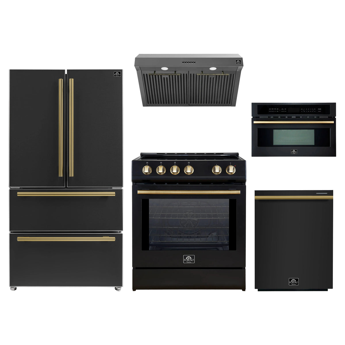 Forno 5-Piece Appliance Package - 30-Inch Induction Range, Under Cabinet Range Hood, Refrigerator, Dishwasher, and 30-Inch Microwave Oven in Black with Antique Brass Trim
