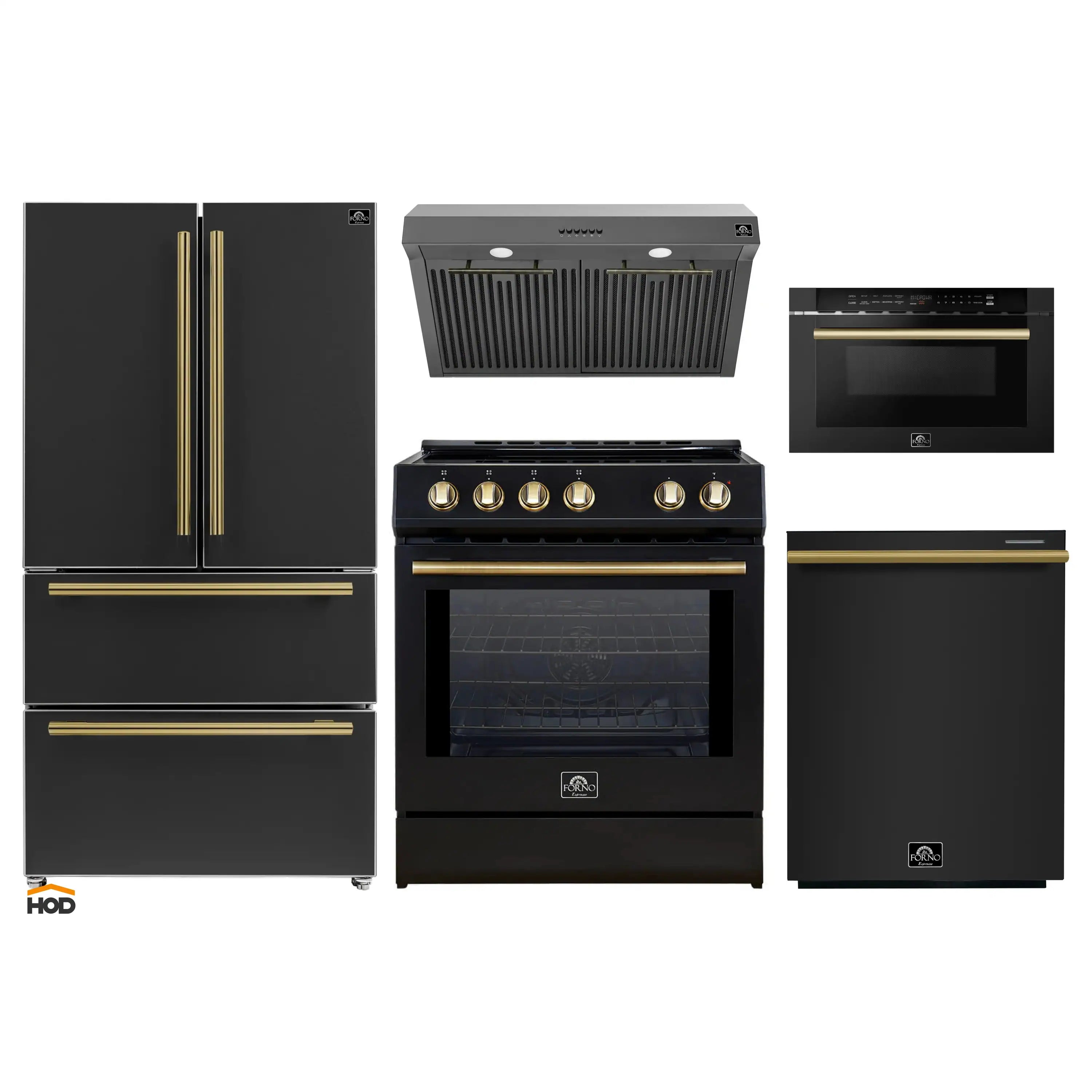 Black appliance package set with gold-trimmed fridge, range, hood, dishwasher, microwave