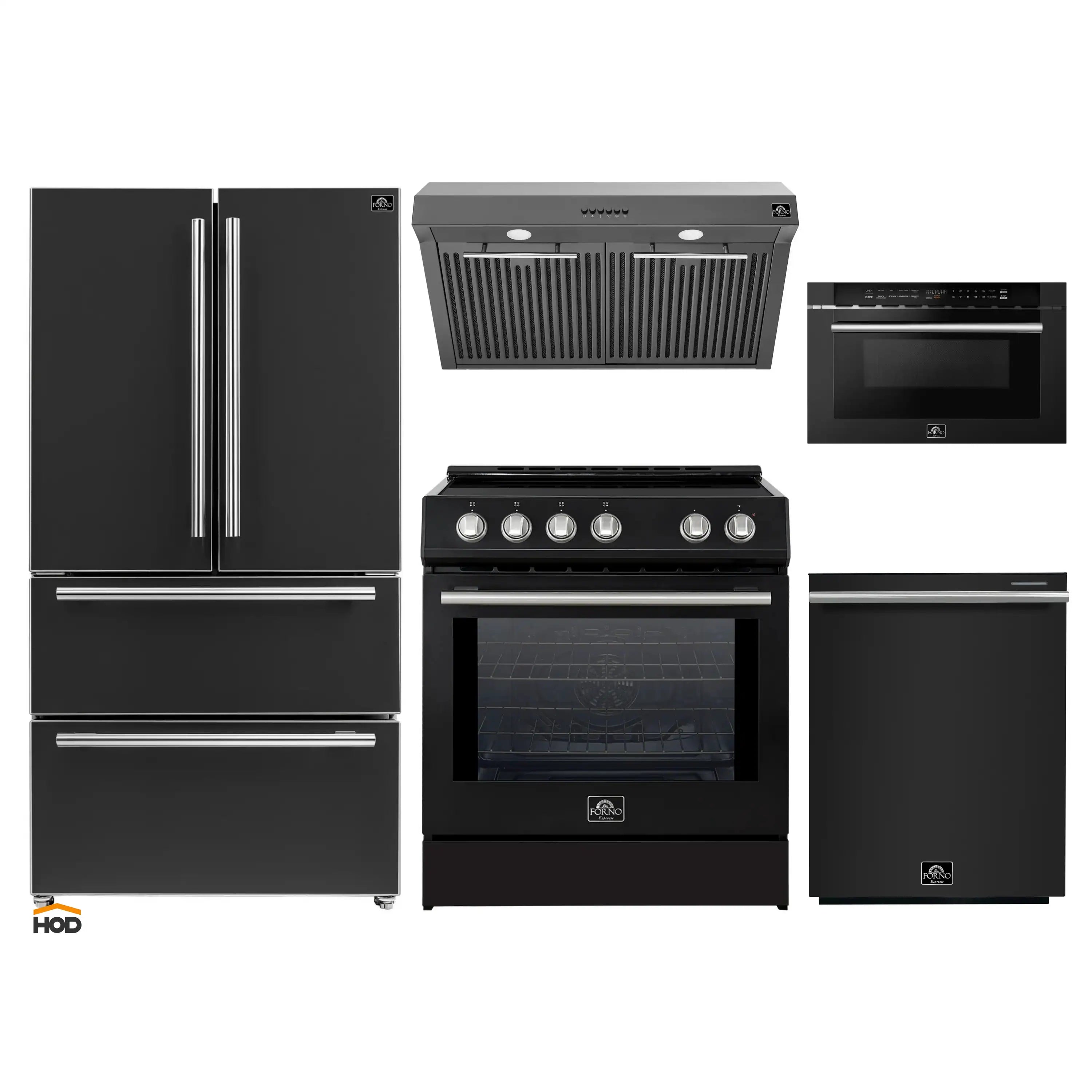 Black and stainless appliance set: refrigerator, range hood, range, dishwasher, oven