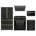 Forno 5-Piece Appliance Package - 30-Inch Induction Range, Under Cabinet Range Hood, French Door Refrigerator, Dishwasher, and Microwave Drawer in Black with Antique Brass Trim