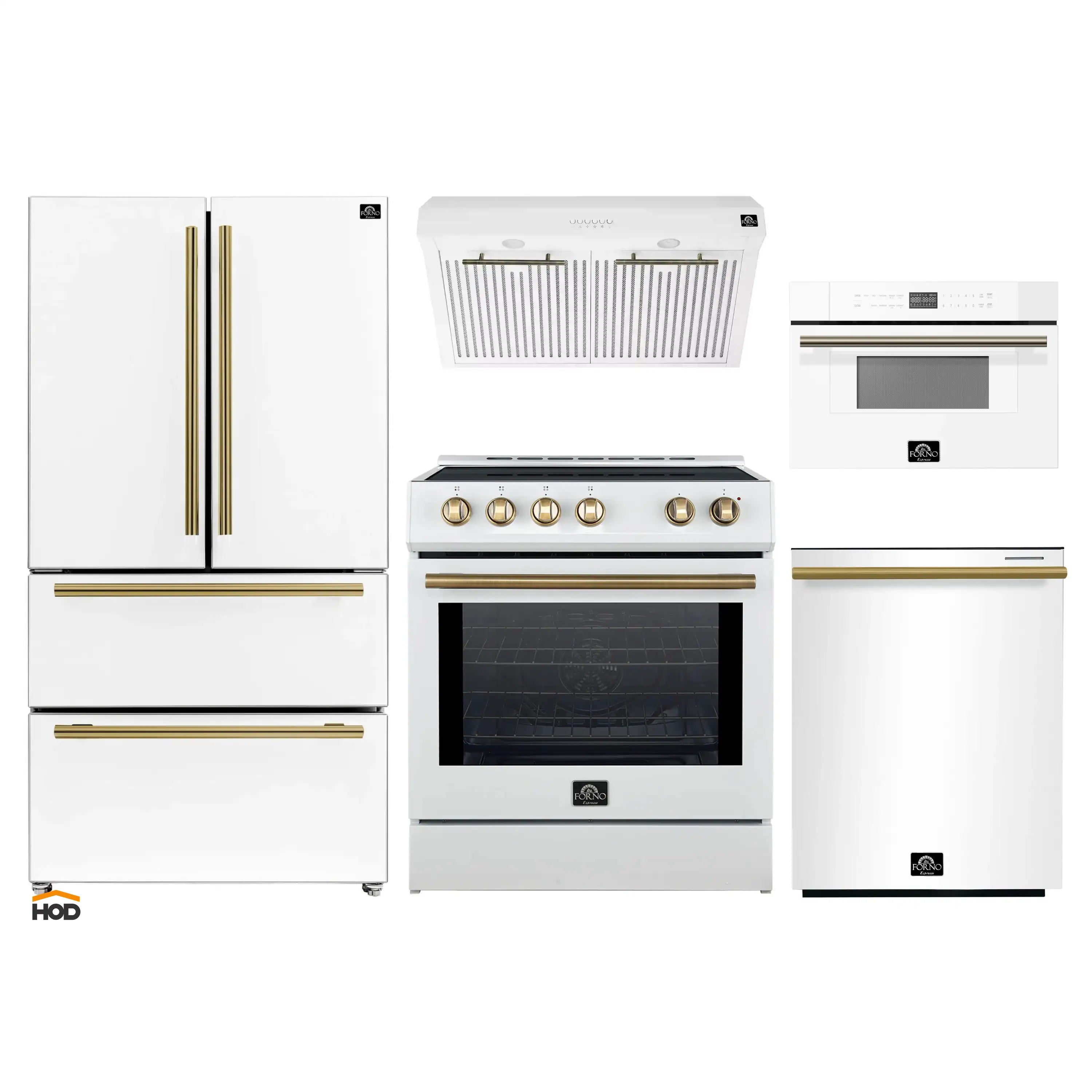 White 5-piece appliance package with brass-trim refrigerator, range, hood, dishwasher, microwave