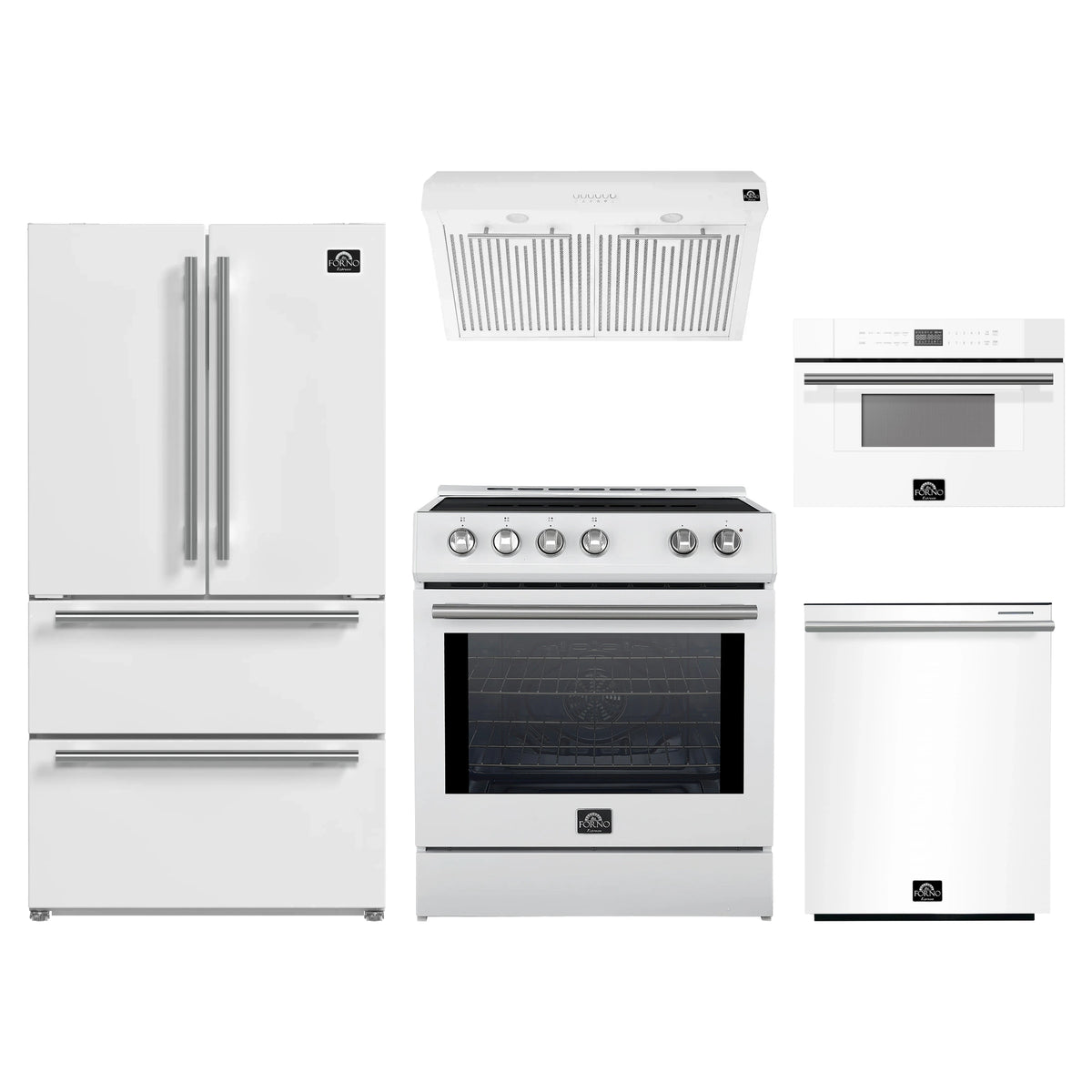 Forno 5-Piece Appliance Package - 30-Inch Induction Range, Under Cabinet Range Hood, French Door Refrigerator, Dishwasher, and 30-Inch Microwave Drawer in White with Stainless Steel Trim