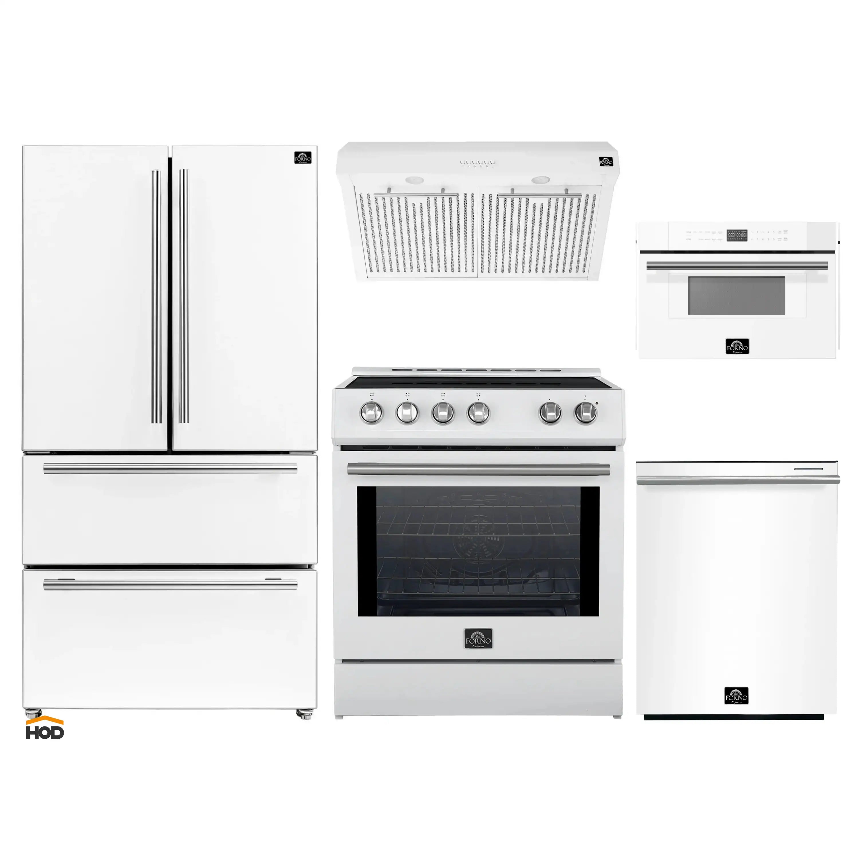 White 5-piece kitchen appliance set: refrigerator, range, microwave, hood, dishwasher