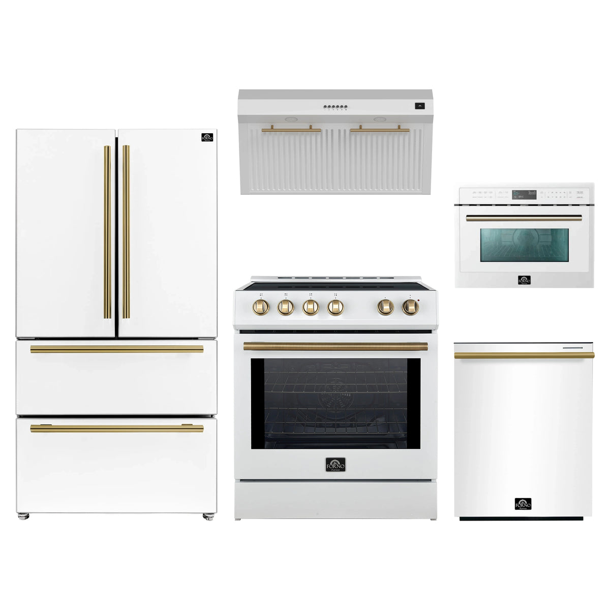 Forno 5-Piece Appliance Package - 30-Inch Induction Range, Under Cabinet Range Hood, Refrigerator, Dishwasher, and 24-Inch Microwave Oven in White with Antique Brass Trim
