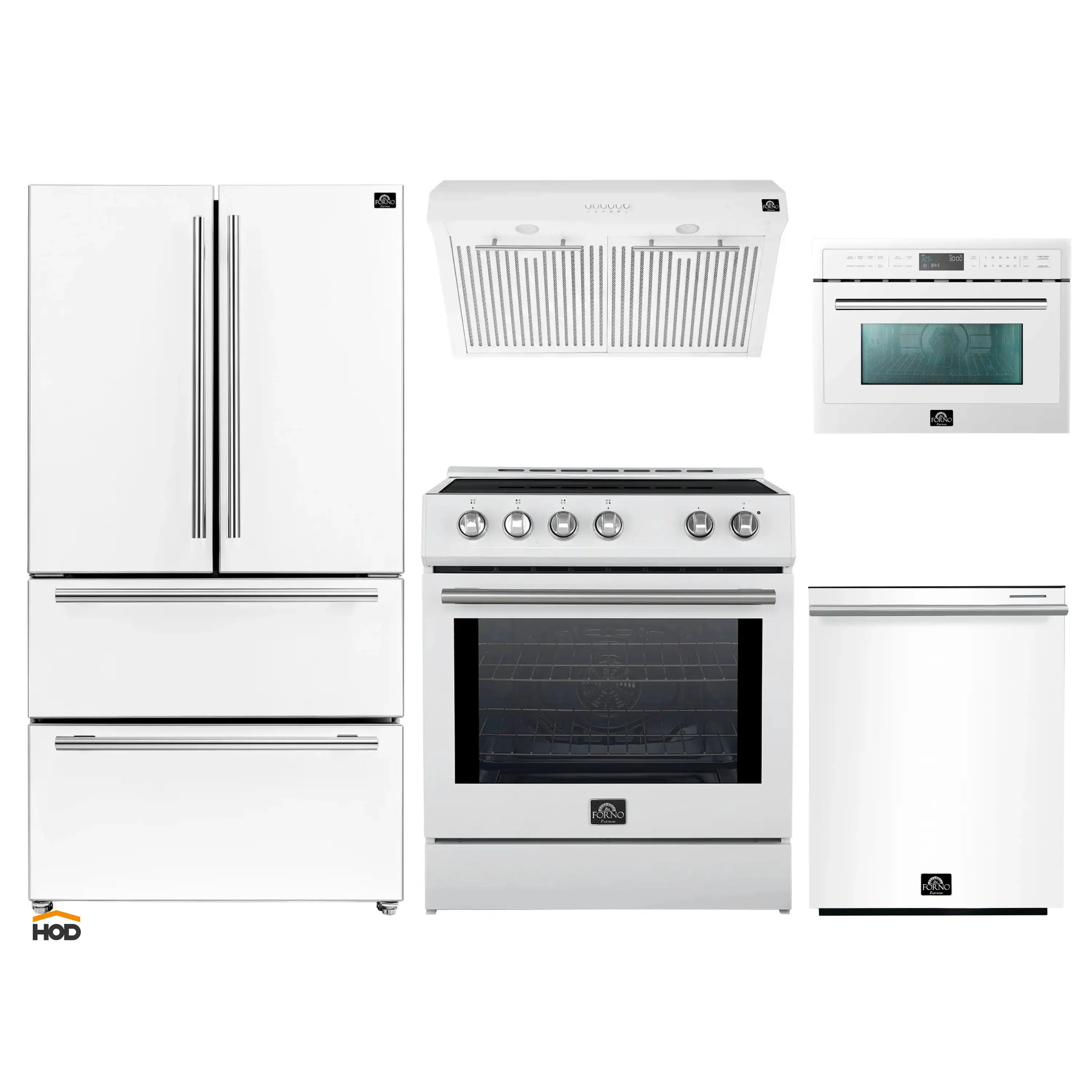 White 5-piece appliance package with refrigerator, range, microwave, dishwasher, and hood