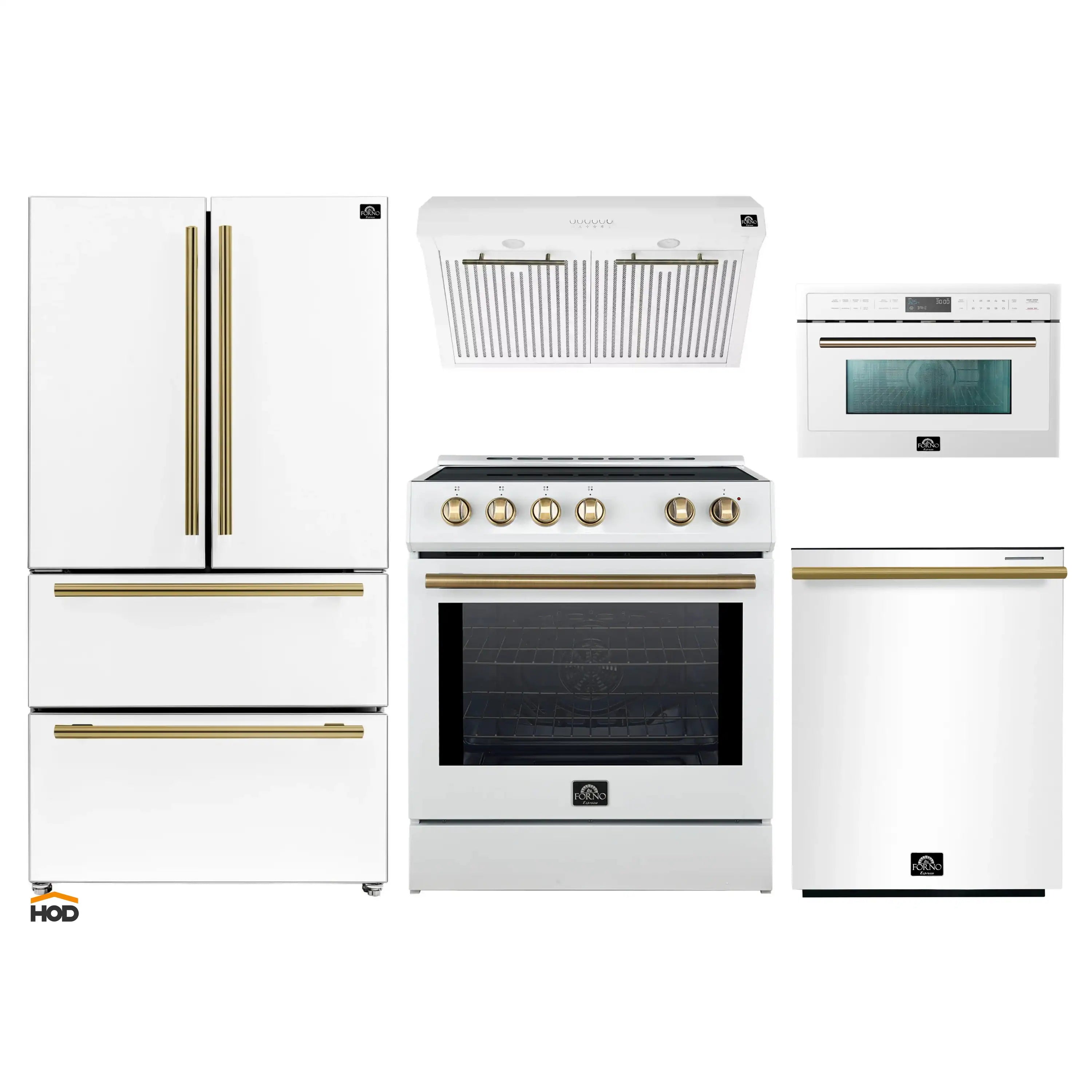 White kitchen appliance set with antique brass trim: refrigerator, range, hood, microwave