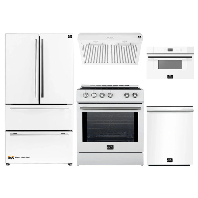 Forno 5-Piece Appliance Package - 30-Inch Induction Range, Under Cabinet Range Hood, Refrigerator, Dishwasher, and 30-Inch Microwave Oven in White with Stainless Steel Trim