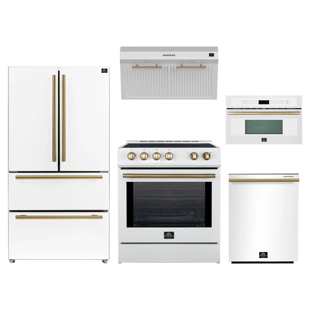Forno 5-Piece Appliance Package - 30-Inch Induction Range, Under Cabinet Range Hood, Refrigerator, Dishwasher, and 30-Inch Microwave Oven in White with Antique Brass Trim