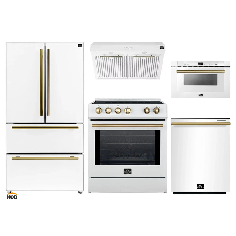 Forno 5-Piece Appliance Package - 30-Inch Induction Range, Under Cabinet Range Hood,  French Door Refrigerator, Dishwasher, and  Microwave Drawer in White with Antique Brass Trim