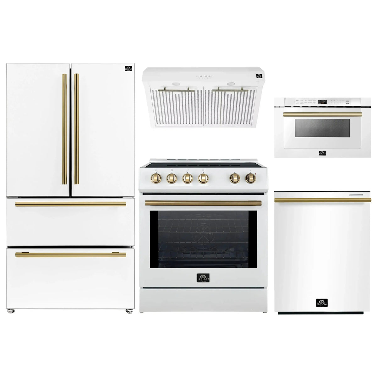Forno 5-Piece Appliance Package - 30-Inch Induction Range, Under Cabinet Range Hood, French Door Refrigerator, Dishwasher, and Microwave Drawer in White with Antique Brass Trim