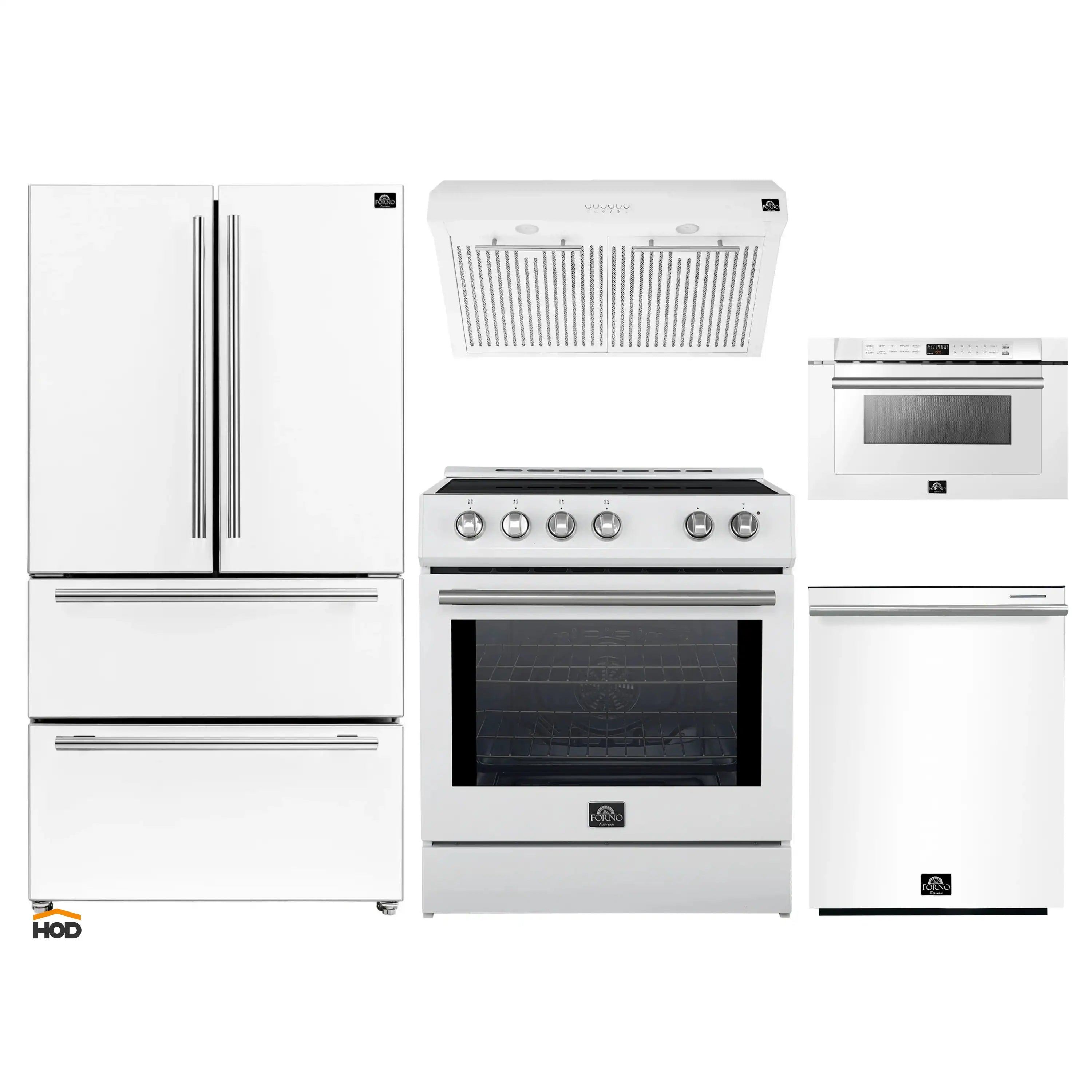White appliance set: French door refrigerator, induction range, dishwasher, microwave drawer