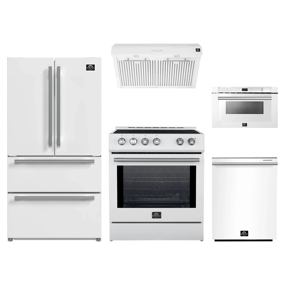 Forno 5-Piece Appliance Package - 30-Inch Induction Range, Under Cabinet Range Hood, French Door Refrigerator, Dishwasher, and Microwave Drawer in White with Stainless Steel Trim