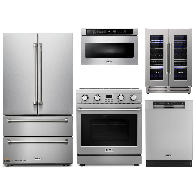 Thor Kitchen A-Series 5-Piece Appliance Package - 30-Inch Electric Range, Refrigerator, Dishwasher, Microwave, and Wine Cooler in Stainless Steel