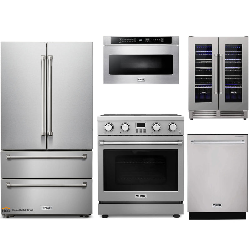 Thor Kitchen A-Series 5-Piece Appliance Package - 30-Inch Electric Range, Refrigerator, Dishwasher, Microwave, and Wine Cooler in Stainless Steel