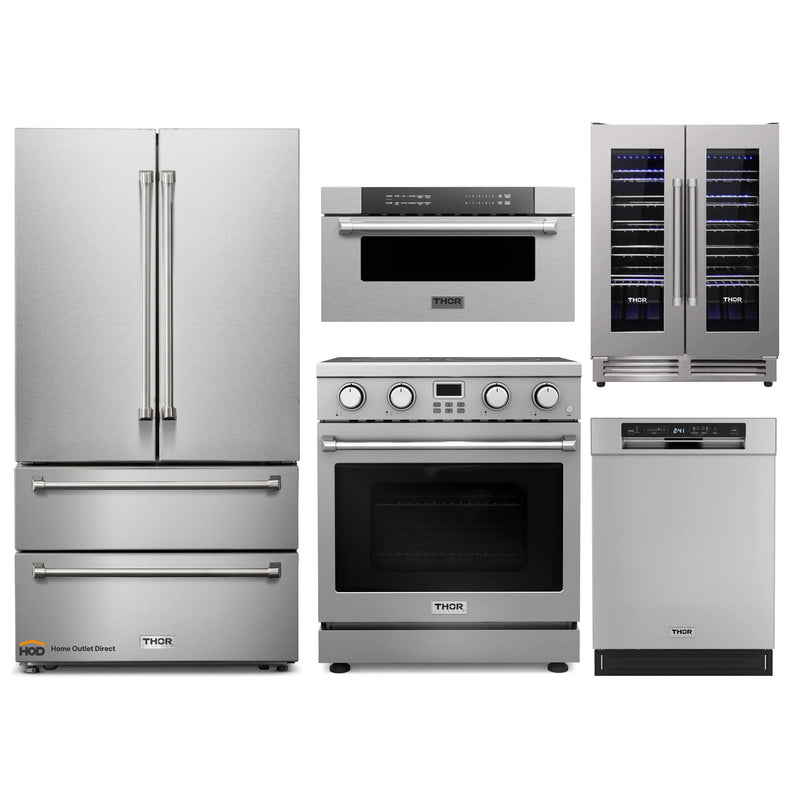 Thor Kitchen A-Series 5-Piece Appliance Package - 30-Inch Electric Range, Refrigerator, Dishwasher, Microwave Drawer and Wine Cooler in Stainless Steel