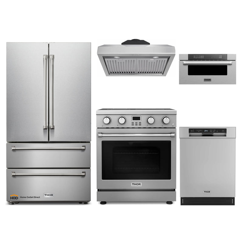 Thor Kitchen A-Series 5-Piece Appliance Package - 30-Inch Electric Range, Under Cabinet Range Hood, Refrigerator, Dishwasher and Microwave Drawer in Stainless Steel