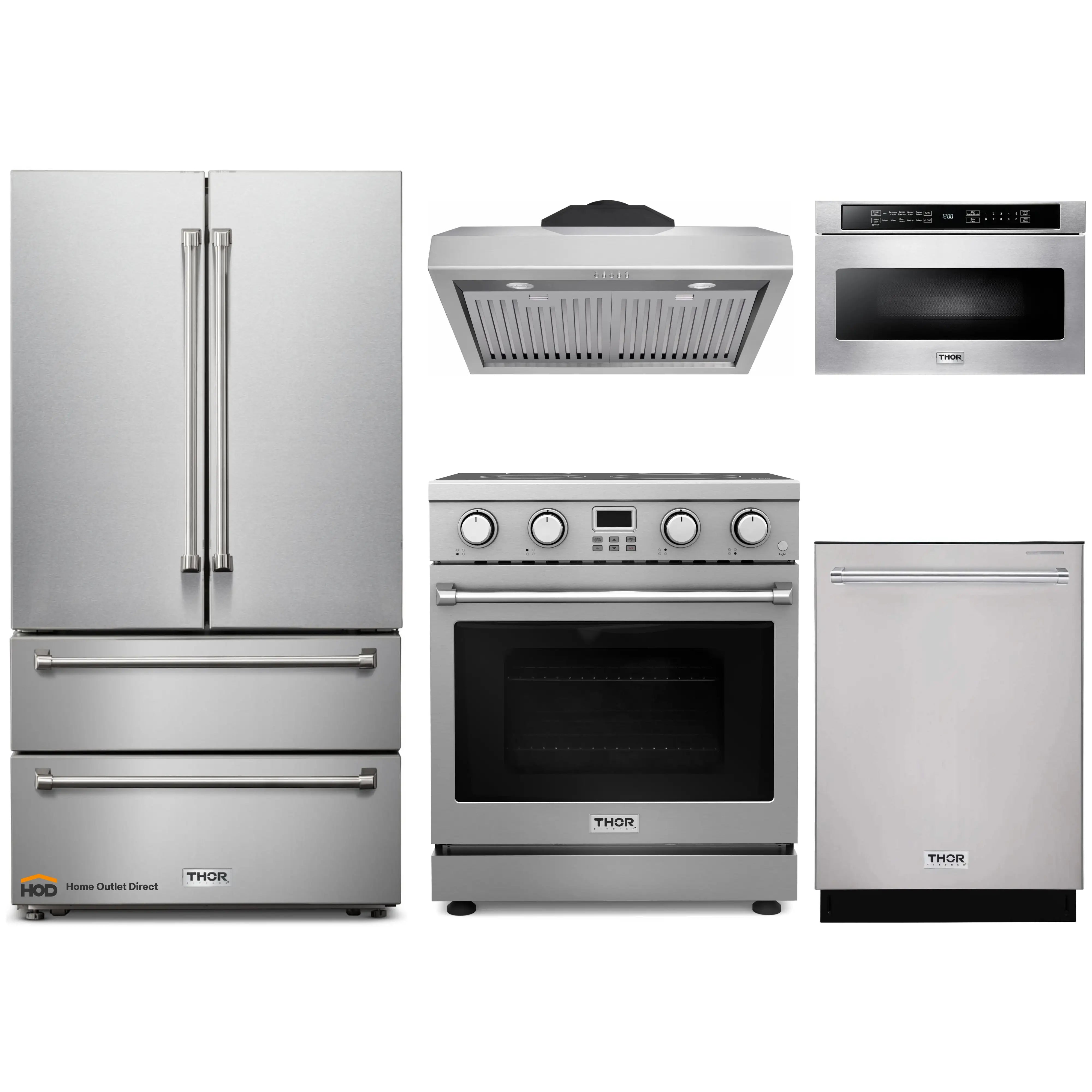 Thor Kitchen A-Series 5-Piece Appliance Package - 30-Inch Electric Range, Under Cabinet Range Hood, Refrigerator, Dishwasher, and Microwave in Stainless Steel