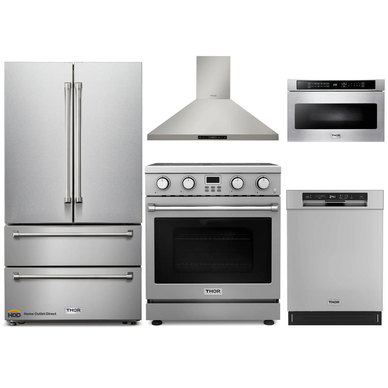 Thor Kitchen A-Series 5-Piece Appliance Package - 30-Inch Electric Range, Wall Mount Range Hood, Refrigerator, Dishwasher, and Microwave in Stainless Steel