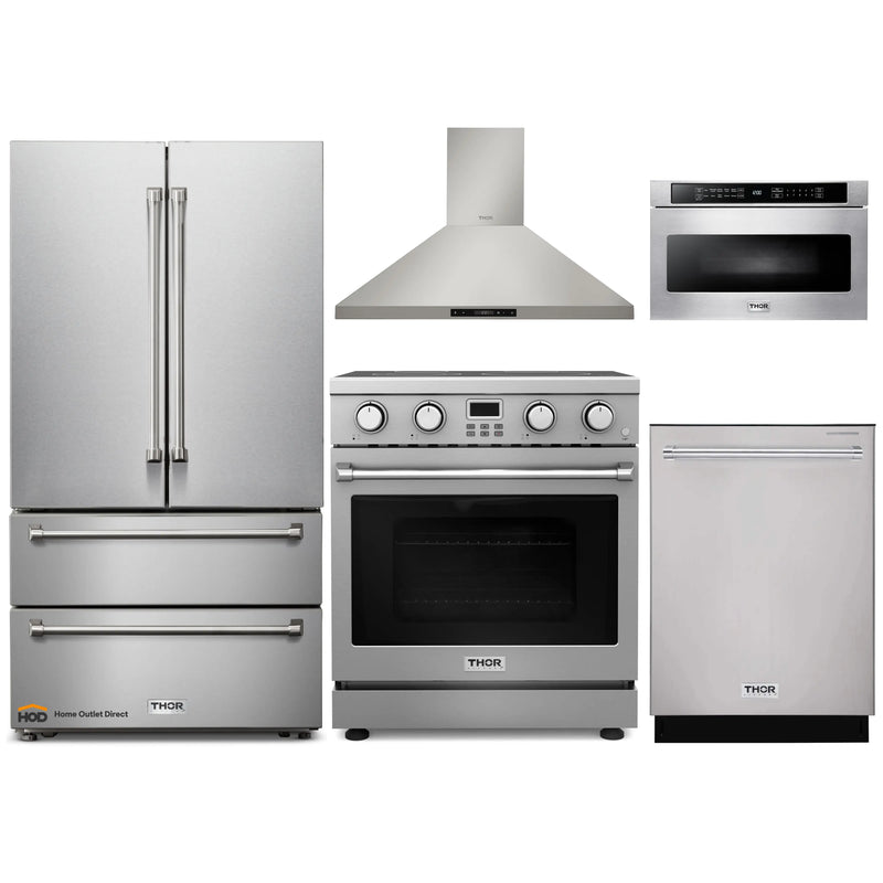 Thor Kitchen A-Series 5-Piece Appliance Package - 30-Inch Electric Range, Wall Mount Range Hood, Refrigerator, Dishwasher, and Microwave in Stainless Steel