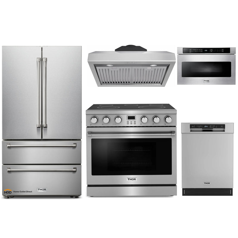 Thor Kitchen A-Series 5-Piece Appliance Package - 36-Inch Electric Range, Under Cabinet Range Hood, Refrigerator, Dishwasher, and Microwave in Stainless Steel