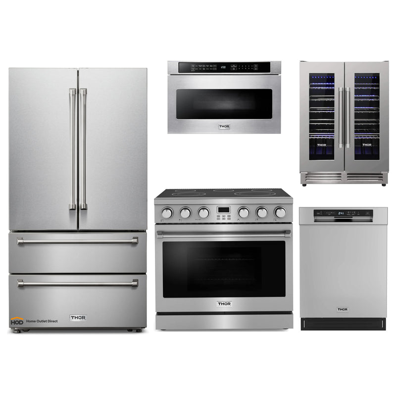 Thor Kitchen A-Series 5-Piece Appliance Package - 36-Inch Electric Range, Refrigerator, Dishwasher, Microwave, and Wine Cooler in Stainless Steel