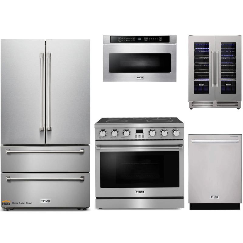 Thor Kitchen A-Series 5-Piece Appliance Package - 36-Inch Electric Range, Refrigerator, Dishwasher, Microwave, and Wine Cooler in Stainless Steel