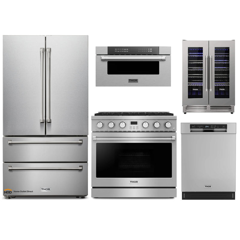 Thor Kitchen A-Series 5-Piece Appliance Package - 36-Inch Electric Range, Refrigerator, Dishwasher, Microwave Drawer and Wine Cooler in Stainless Steel