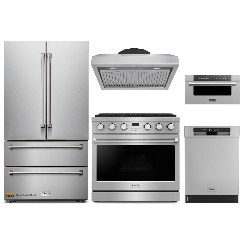 Thor Kitchen A-Series 5-Piece Appliance Package - 36-Inch Electric Range, Under Cabinet Range Hood, Refrigerator, Dishwasher and Microwave Drawer in Stainless Steel