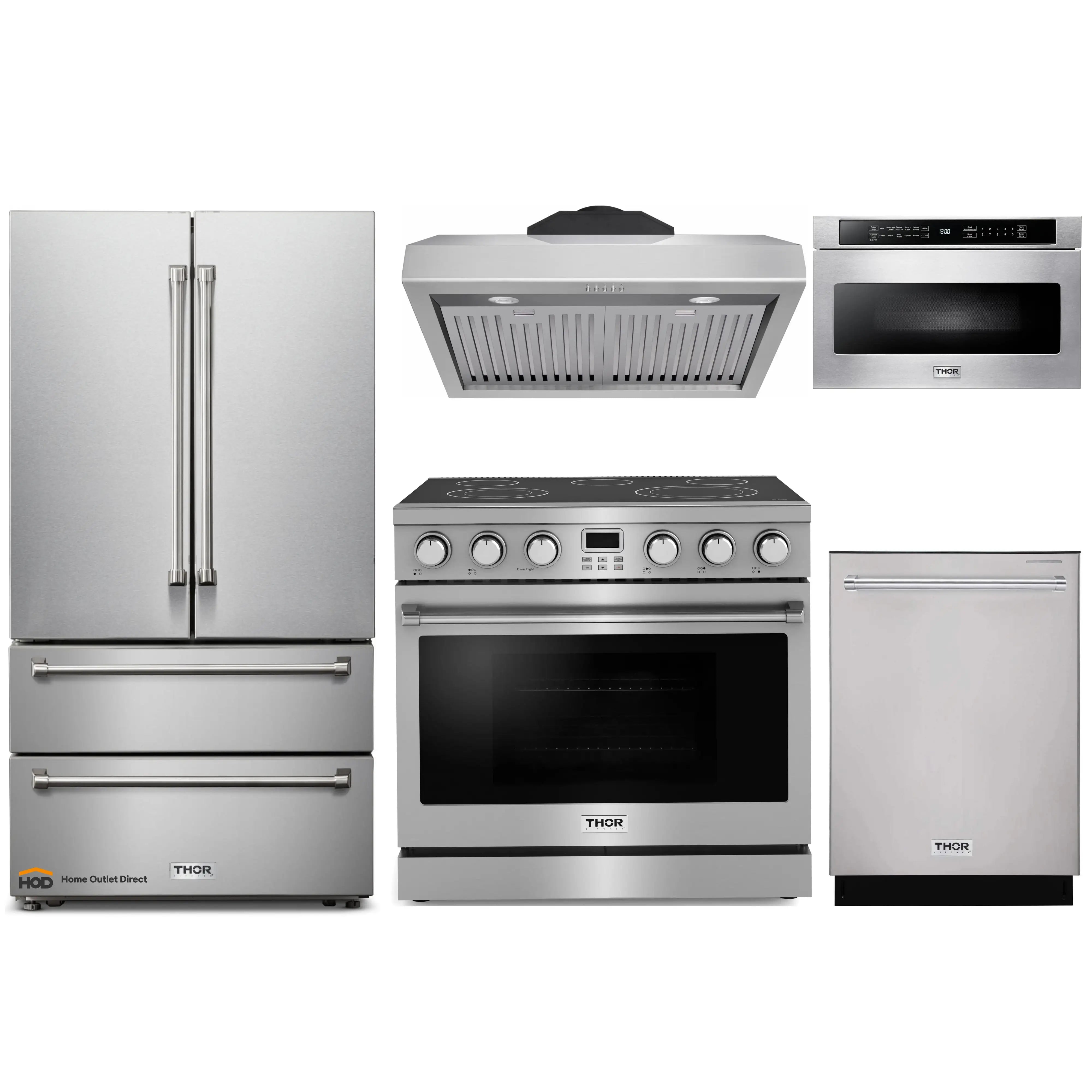 Thor Kitchen A-Series 5-Piece Appliance Package - 36-Inch Electric Range, Under Cabinet Range Hood, Refrigerator, Dishwasher, and Microwave in Stainless Steel