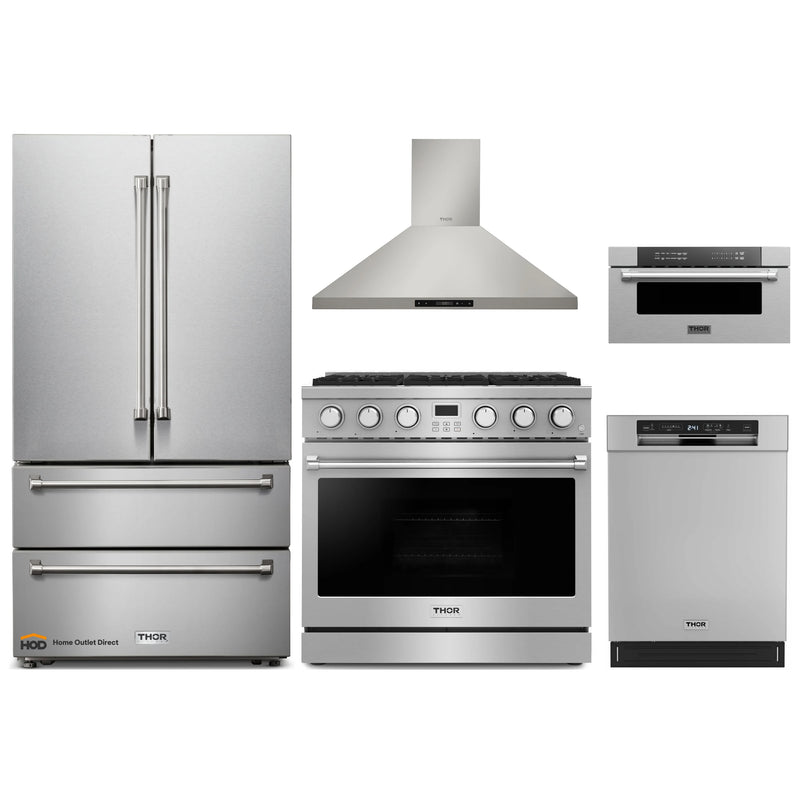 Thor Kitchen A-Series 5-Piece Appliance Package - 36-Inch Electric Range, Wall Mount Range Hood, Refrigerator, Dishwasher and Microwave Drawer in Stainless Steel