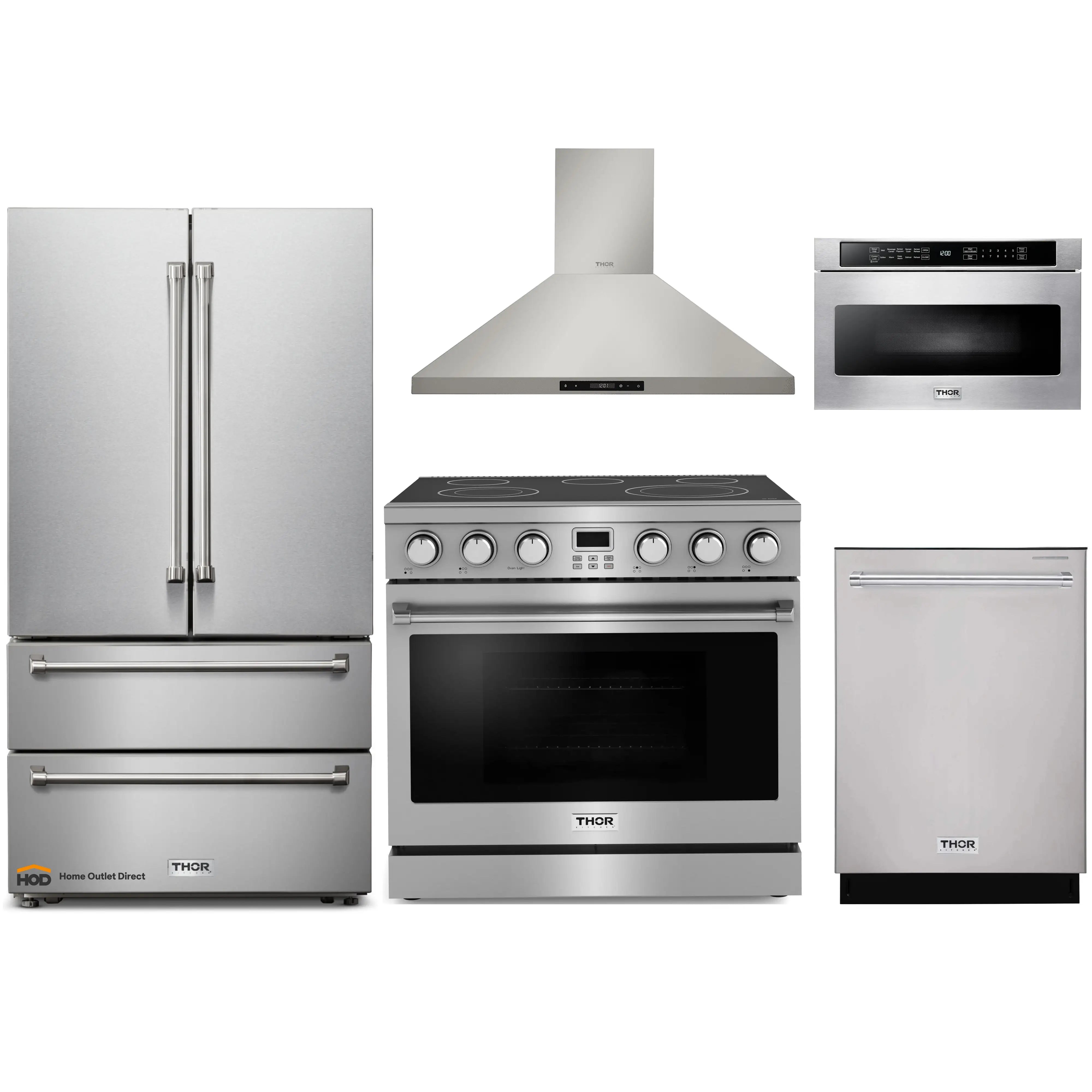 Thor Kitchen A-Series 5-Piece Appliance Package - 36-Inch Electric Range, Wall Mount Range Hood, Refrigerator, Dishwasher, and Microwave in Stainless Steel