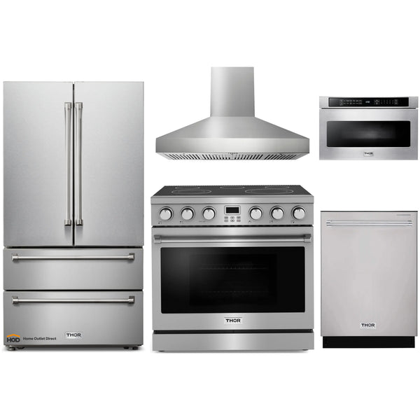 Thor Kitchen A-Series 5-Piece Appliance Package - 36-Inch Electric Range, Pro-Style Wall Mount Range Hood, Refrigerator, Dishwasher, and Microwave in Stainless Steel
