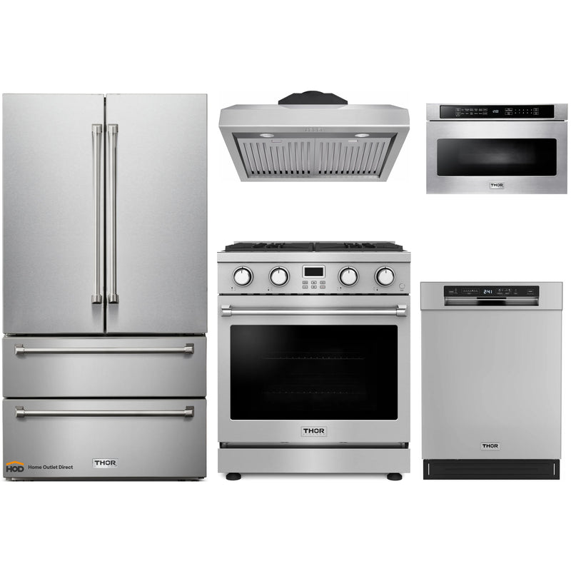 Thor Kitchen A-Series 5-Piece Appliance Package - 30-Inch Gas Range, Under Cabinet Range Hood, Refrigerator, Dishwasher, and Microwave in Stainless Steel