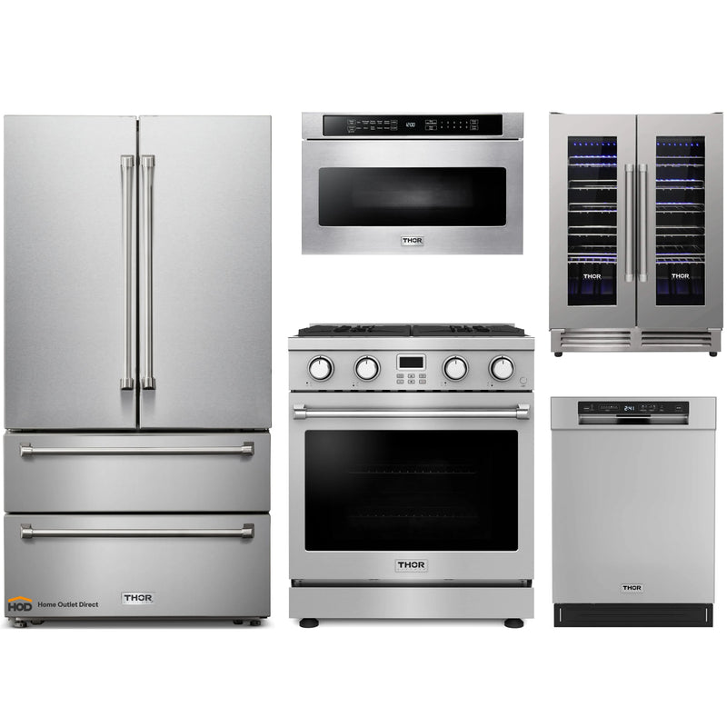 Thor Kitchen A-Series 5-Piece Appliance Package - 30-Inch Gas Range, Refrigerator, Dishwasher, Microwave, and Wine Cooler in Stainless Steel