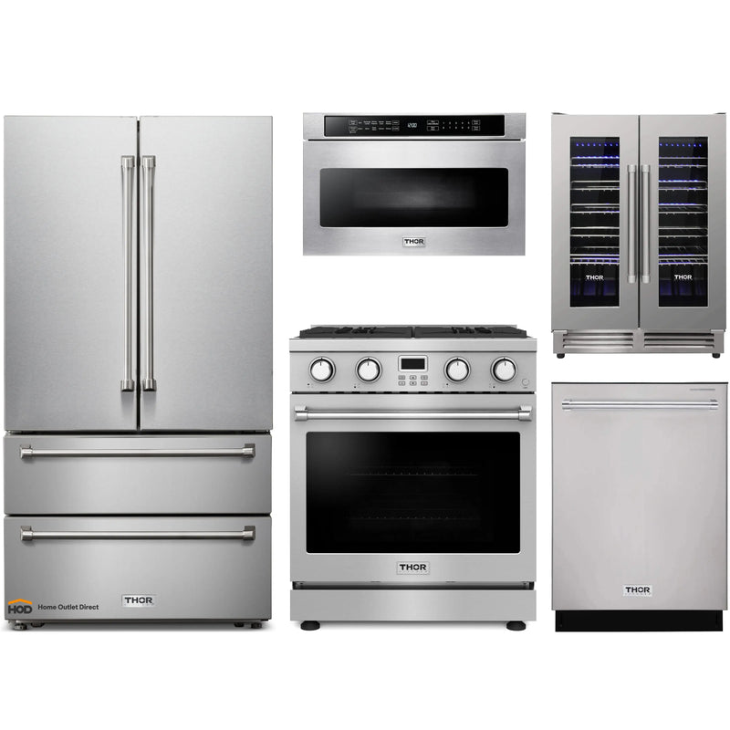 Thor Kitchen A-Series 5-Piece Appliance Package - 30-Inch Gas Range, Refrigerator, Dishwasher, Microwave, and Wine Cooler in Stainless Steel