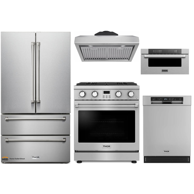 Thor Kitchen A-Series 5-Piece Appliance Package - 30-Inch Gas Range, Under Cabinet Range Hood, Refrigerator with Water Dispenser, Dishwasher and Microwave Drawer in Stainless Steel