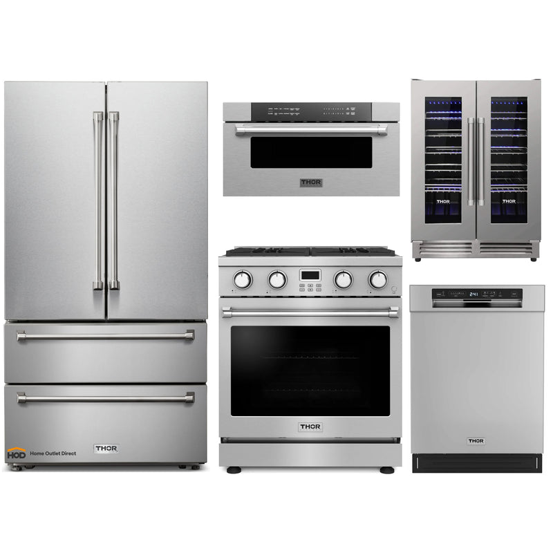 Thor Kitchen A-Series 5-Piece Appliance Package - 30-Inch Gas Range, Refrigerator, Dishwasher, Microwave Drawer and Wine Cooler in Stainless Steel