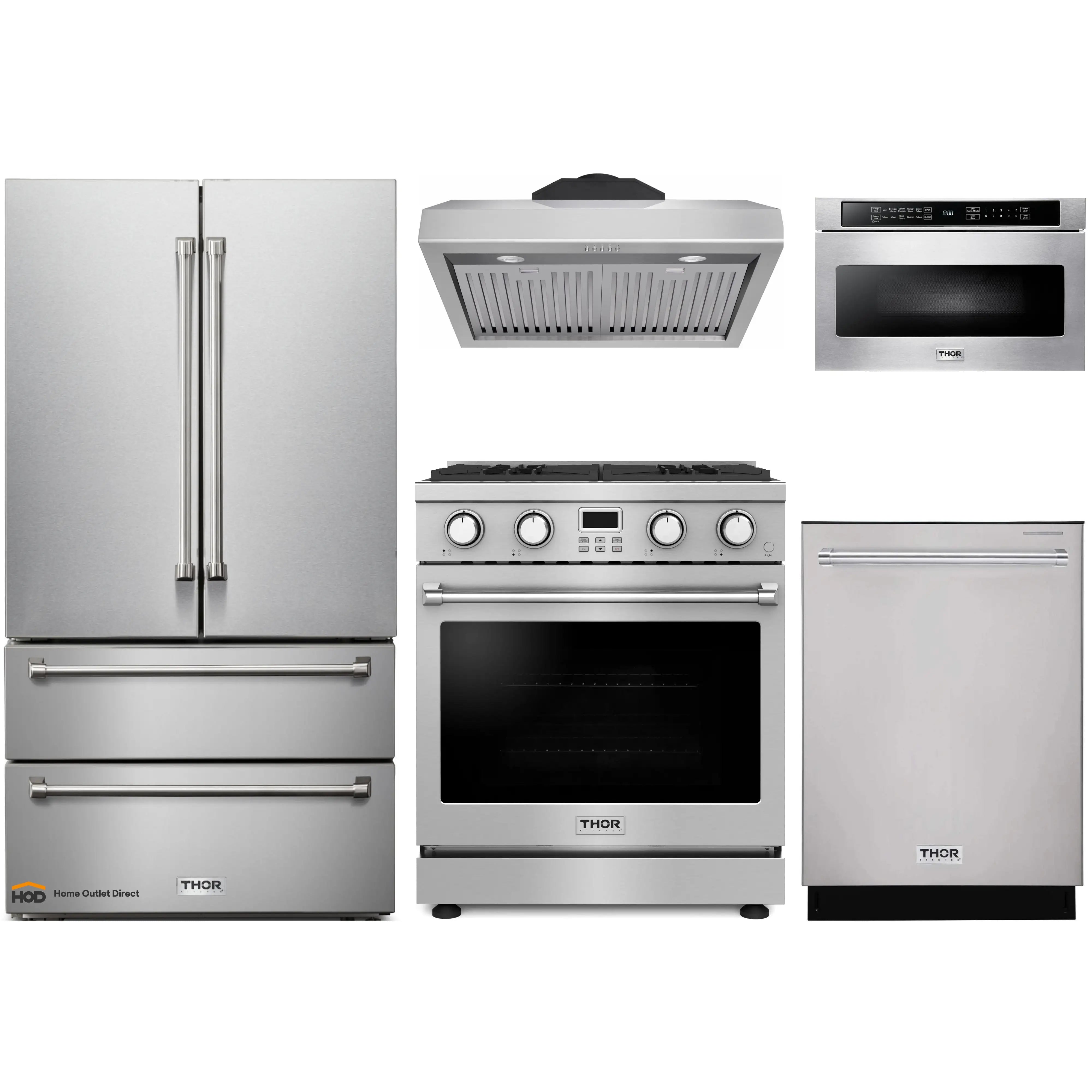 Thor Kitchen A-Series 5-Piece Appliance Package - 30-Inch Gas Range, Under Cabinet Range Hood, Refrigerator, Dishwasher, and Microwave in Stainless Steel