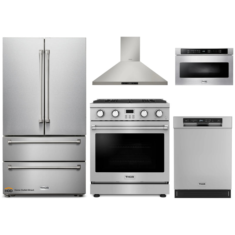 Thor Kitchen A-Series 5-Piece Appliance Package - 30-Inch Gas Range, Wall Mount Range Hood, Refrigerator, Dishwasher, and Microwave in Stainless Steel