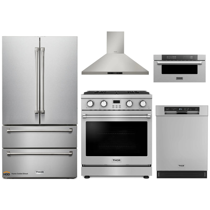 Thor Kitchen A-Series 5-Piece Appliance Package - 30-Inch Gas Range, Wall Mount Range Hood, Refrigerator, Dishwasher and Microwave Drawer in Stainless Steel