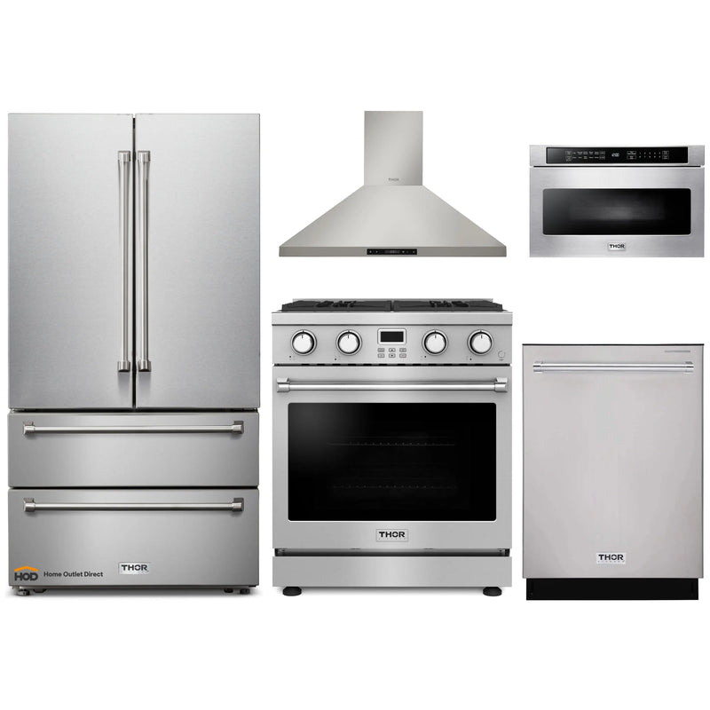 Thor Kitchen A-Series 5-Piece Appliance Package - 30-Inch Gas Range, Wall Mount Range Hood, Refrigerator, Dishwasher, and Microwave in Stainless Steel