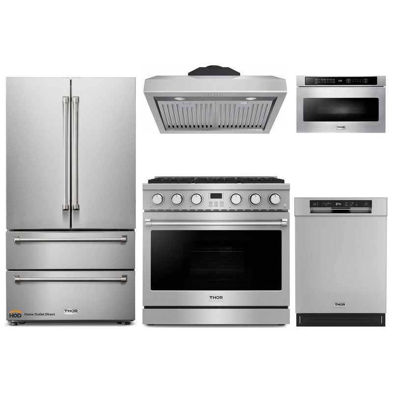 Thor Kitchen A-Series 5-Piece Appliance Package - 36-Inch Gas Range, Under Cabinet Range Hood, Refrigerator, Dishwasher, and Microwave in Stainless Steel