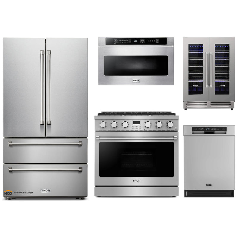 Thor Kitchen A-Series 5-Piece Appliance Package - 36-Inch Gas Range, Refrigerator, Dishwasher, Microwave, and Wine Cooler in Stainless Steell