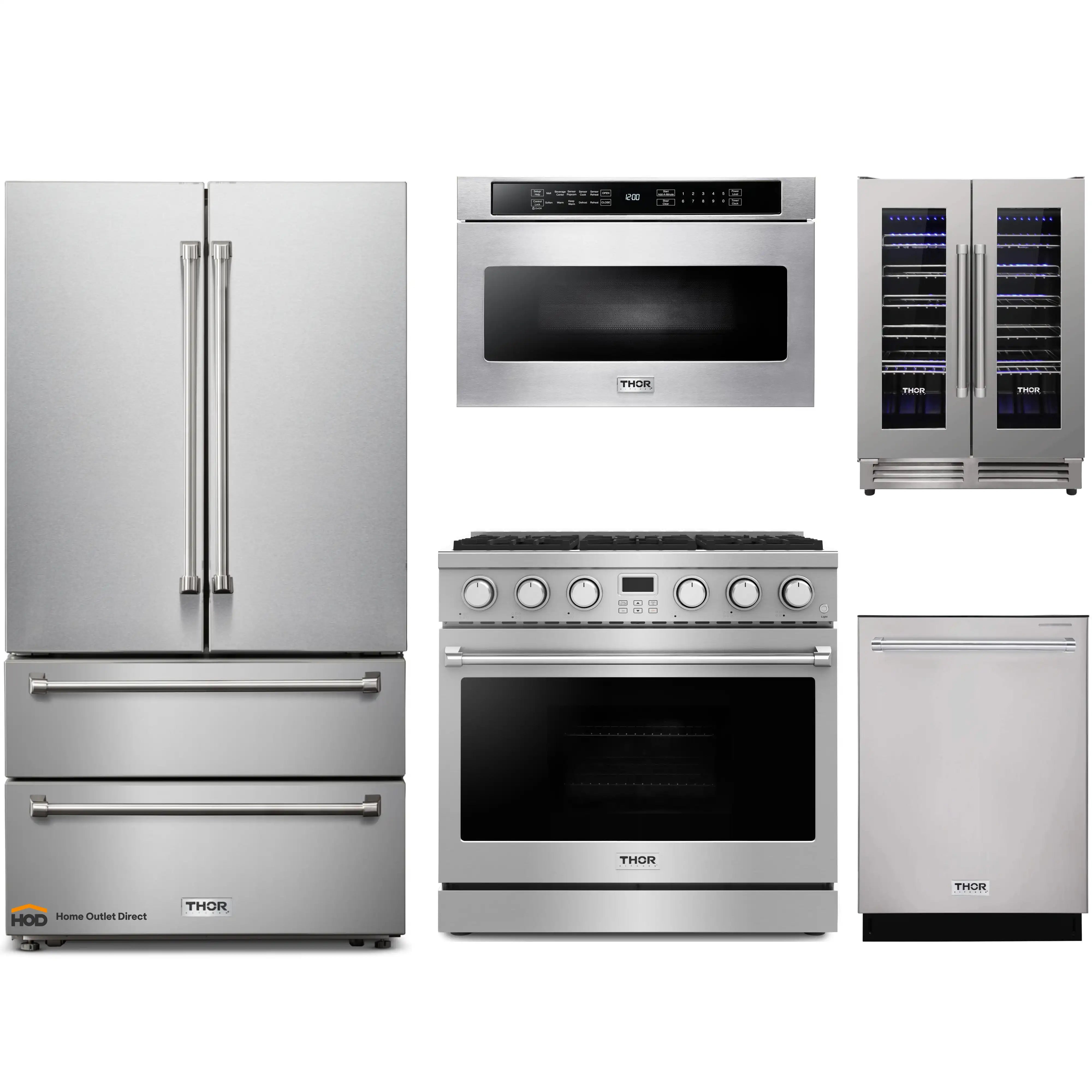 Thor Kitchen A-Series 5-Piece Appliance Package - 36-Inch Gas Range, Refrigerator, Dishwasher, Microwave, and Wine Cooler in Stainless Steel