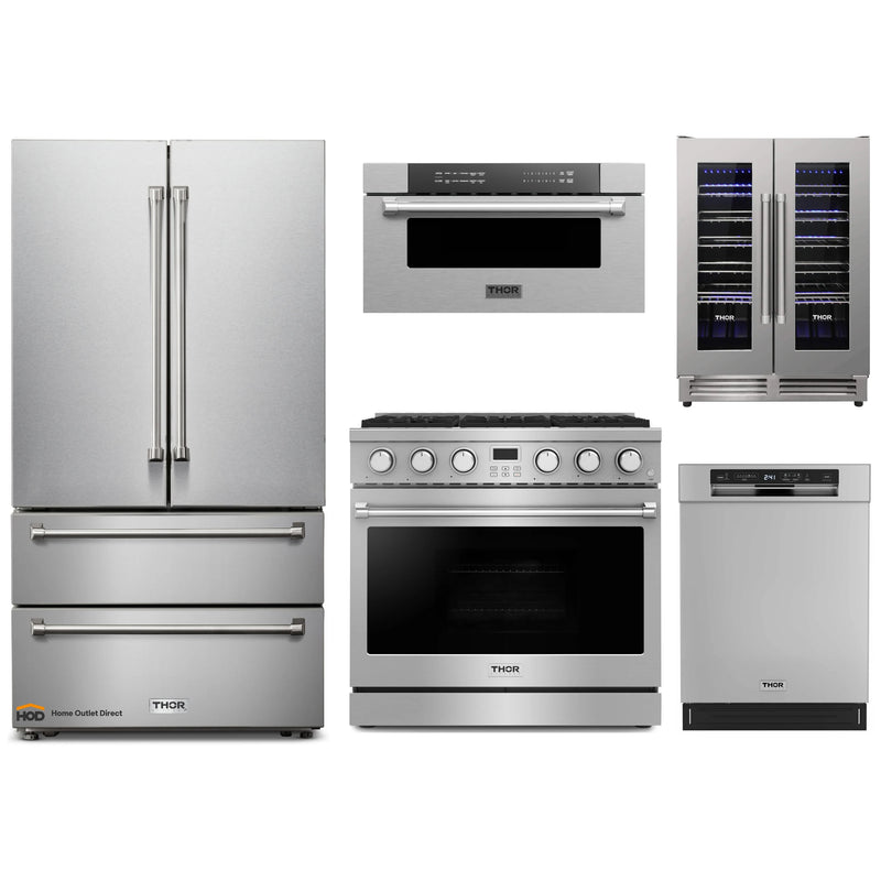 Thor Kitchen A-Series 5-Piece Appliance Package - 36-Inch Gas Range, Refrigerator, Dishwasher, Microwave Drawer and Wine Cooler in Stainless Steel