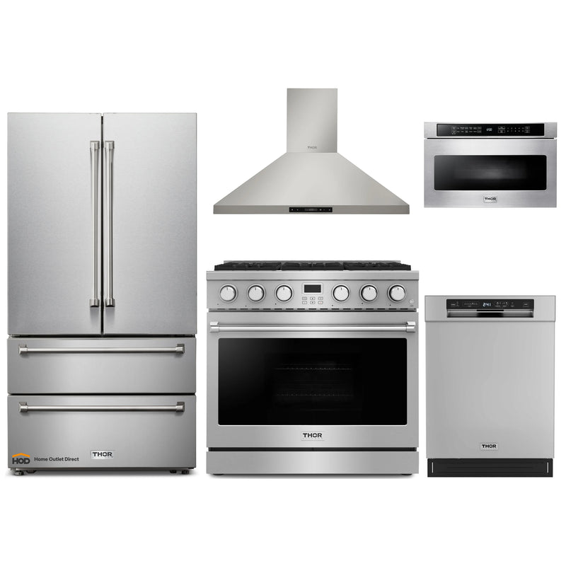 Thor Kitchen A-Series 5-Piece Appliance Package - 36-Inch Gas Range, Wall Mount Range Hood, Refrigerator, Dishwasher, and Microwave in Stainless Steel