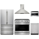 Thor Kitchen A-Series 5-Piece Appliance Package - 36-Inch Propane Gas Range, Wall Mount Range Hood, Refrigerator, Dishwasher, and Microwave in Stainless Steel