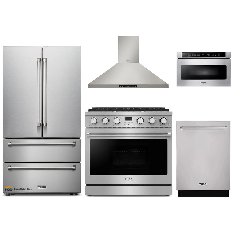 Thor Kitchen A-Series 5-Piece Appliance Package - 36-Inch Gas Range, Wall Mount Range Hood, Refrigerator, Dishwasher, and Microwave in Stainless Steel